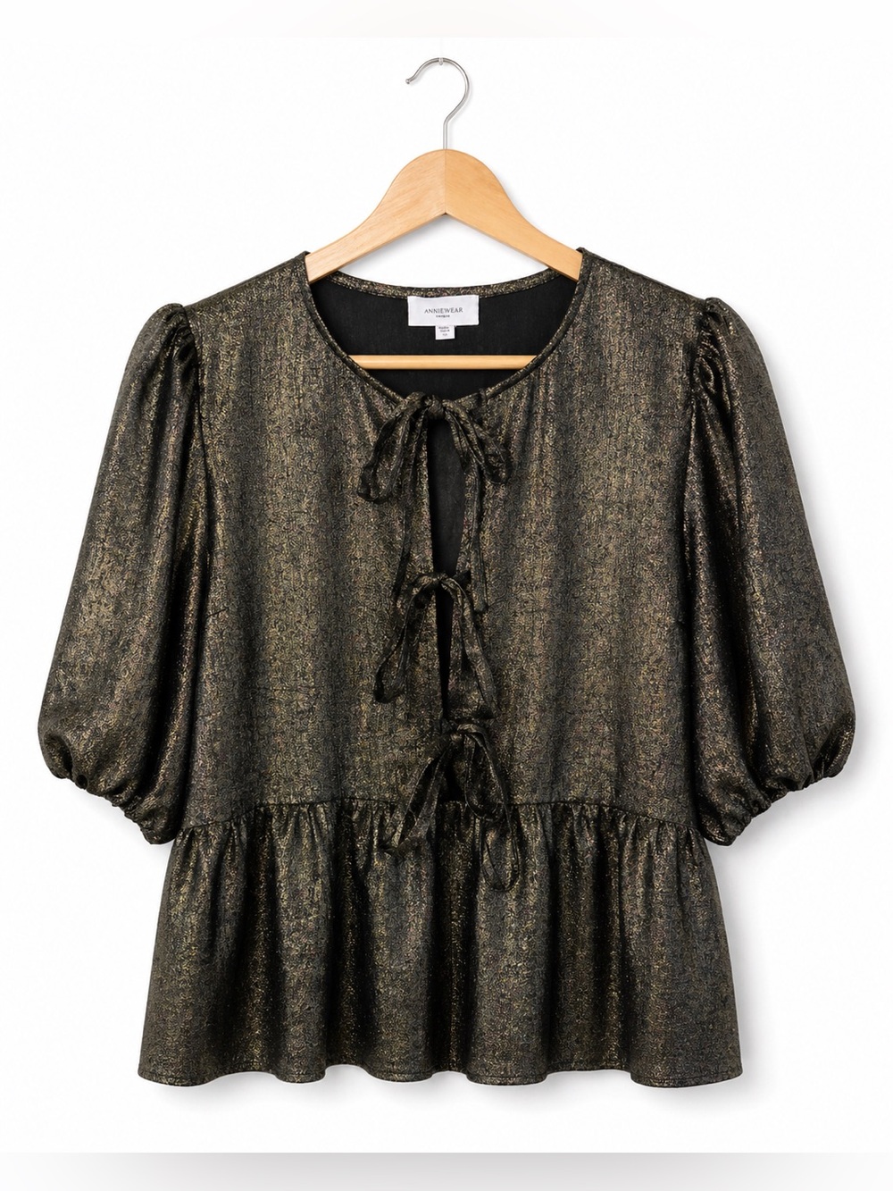 Annie Black Gold Metallic Peplum Blouse Tie Front Puff Sleeve Size Large